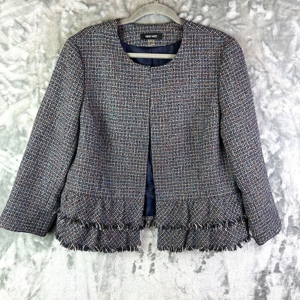 Nine West Women Jewel Neck Tweed Blazer sz16 Ruffle Fringe‎ Night Sky Multicolor